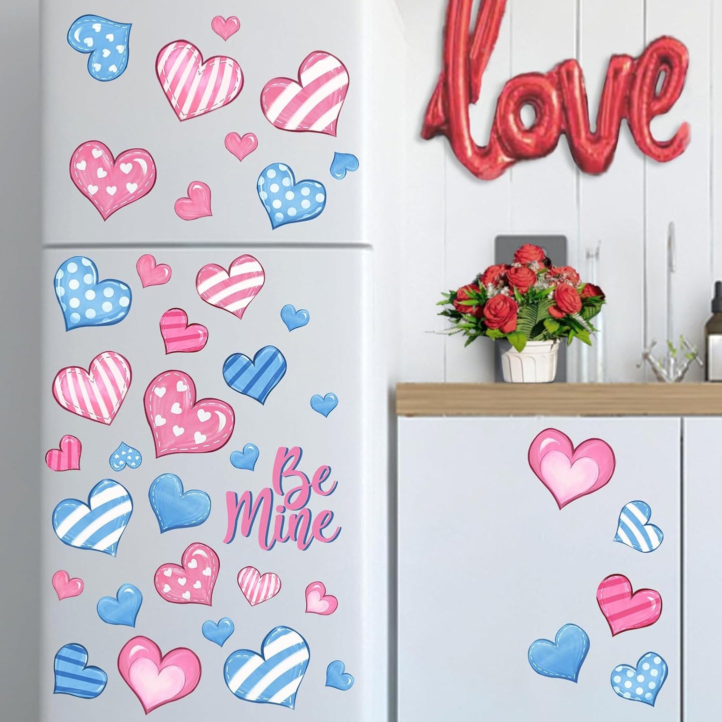 Mfault Valentines Day Love Hearts Window Clings 4 Sheets, Pink Blue Polka Dot Stripes Be Mine Romantic Stickers Decals Decorations, Anniversary Wedding Home Kitchen Decor Party Supplies