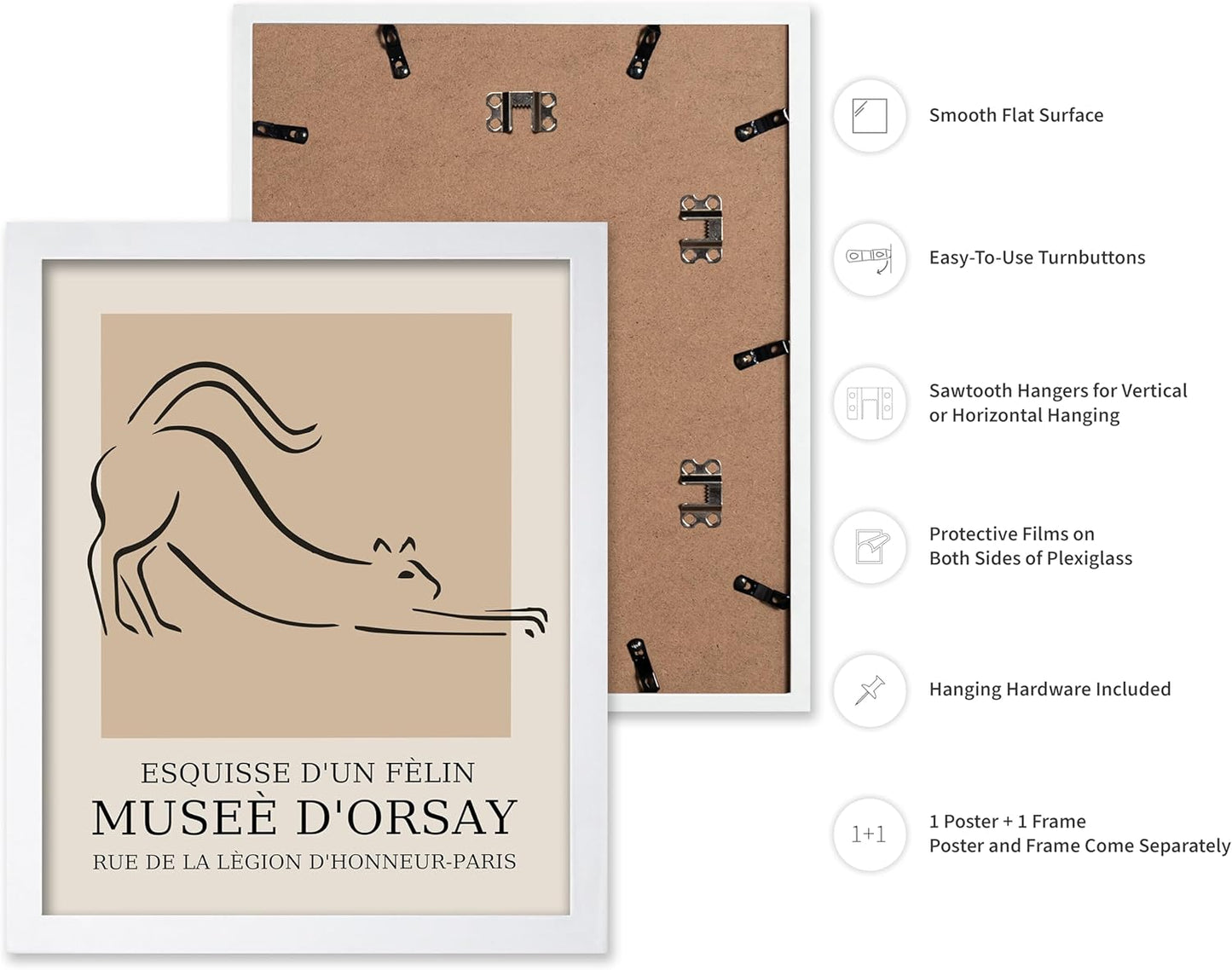 Poster Master Vintage Poster - Retro Minimalist Print - Gift for Artist, Housewarming - Cat, Line Drawing, Sketch, Abstract - Wall Decor for Living Room, Bedroom, 11x14 White Framed