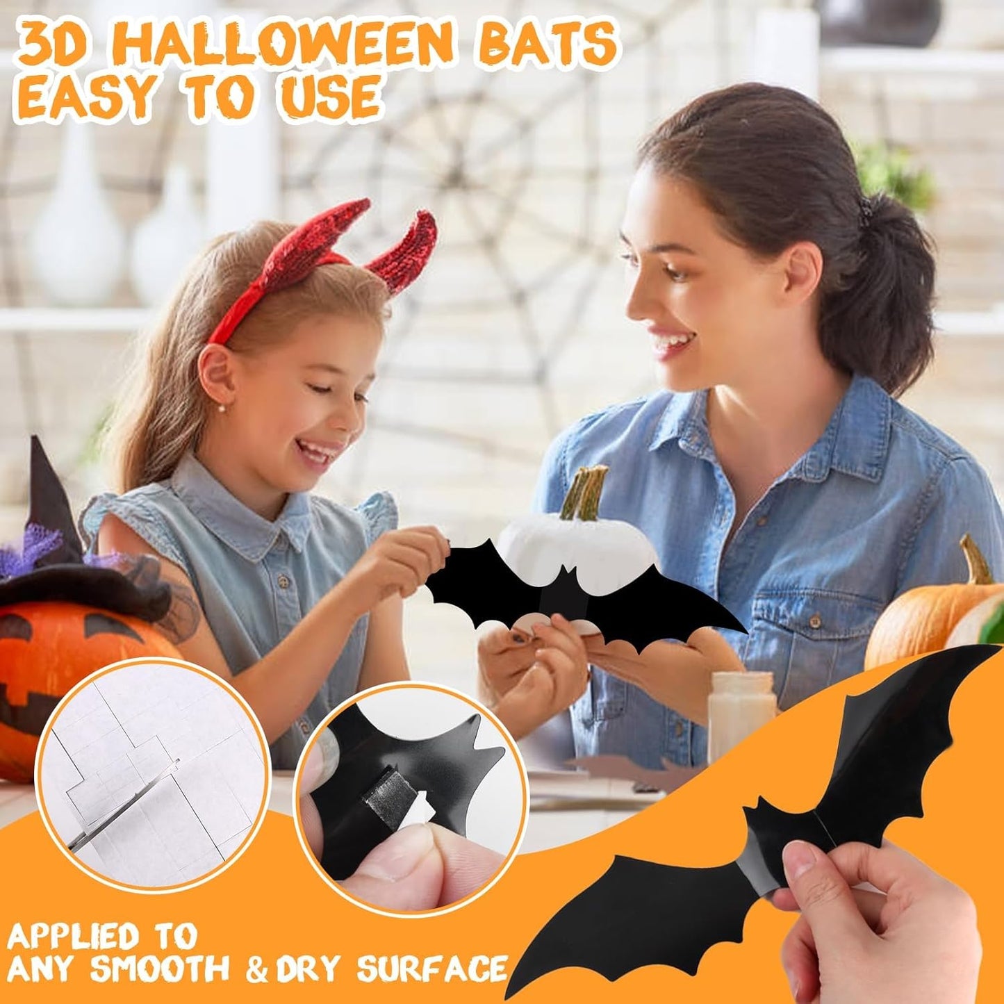DIYASY Bats Wall Decor, 120 Pcs 3D Bat Halloween Decoration Stickers for Home Decor 4 Size Waterproof Black Spooky Bats for Room Decals
