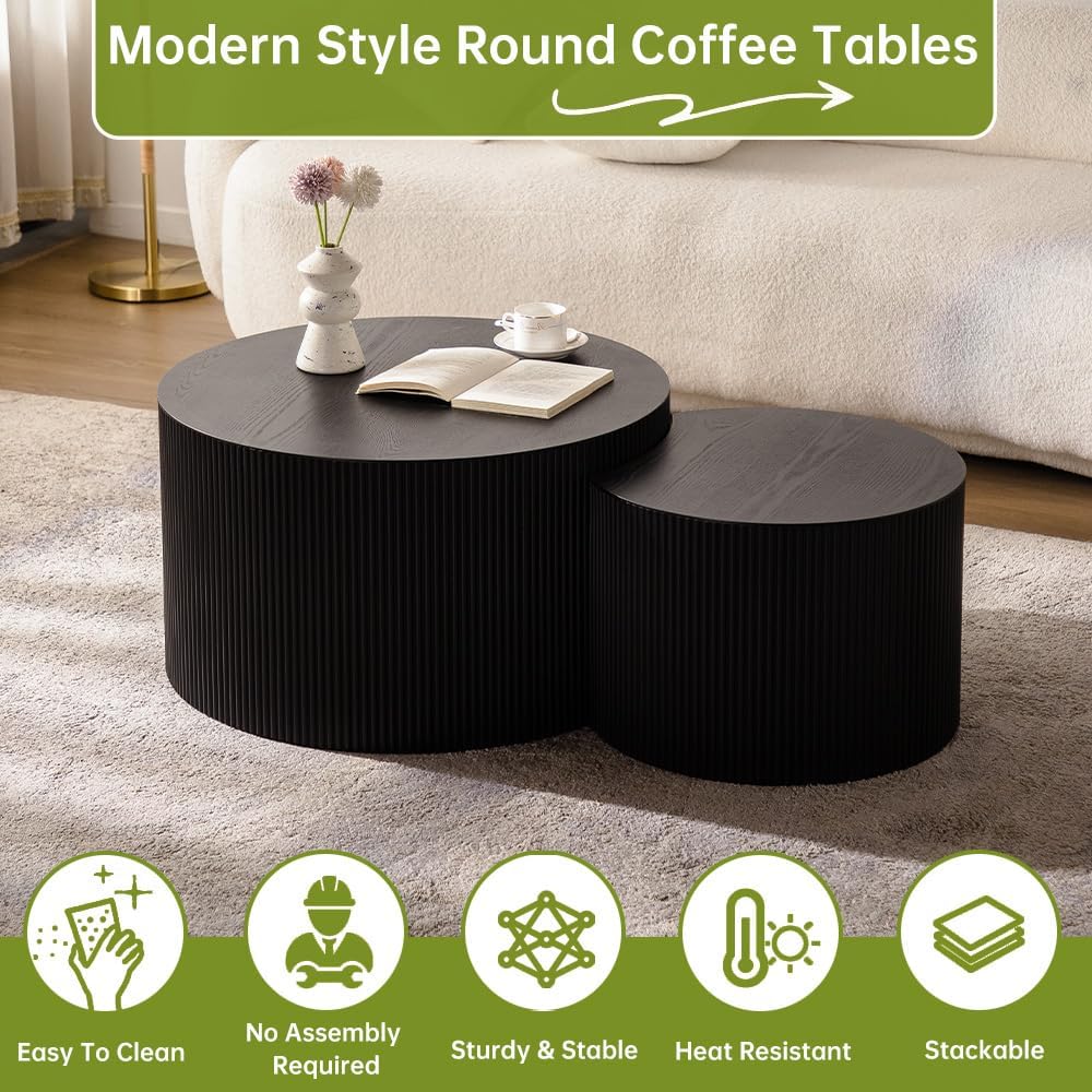 Round Nesting Coffee Table Modern Black Fluted Coffee Table Set of 2 Stripe Round Coffee Tables Drum Crescent Side Table Accent End Table for Living Room (Black B Large)