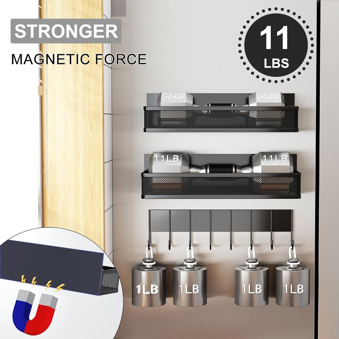 Magnetic Spice Rack for Refrigerator, 3 Pack Magnetic Shelf, Moveable Fridge Organizer with 8-Hook Rack, Seasoning Organizer for Kitchen