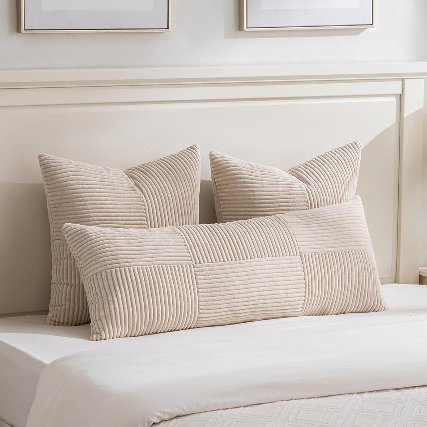 Fancy Homi 2 Packs Tan Euro Decorative Throw Pillow Covers 28x28 Inch for Living Room Couch Bed, Farmhouse Boho Home Decor, Soft Corss Corduroy Patchwork Textured Square Beige Cushion Case 71x71 cm