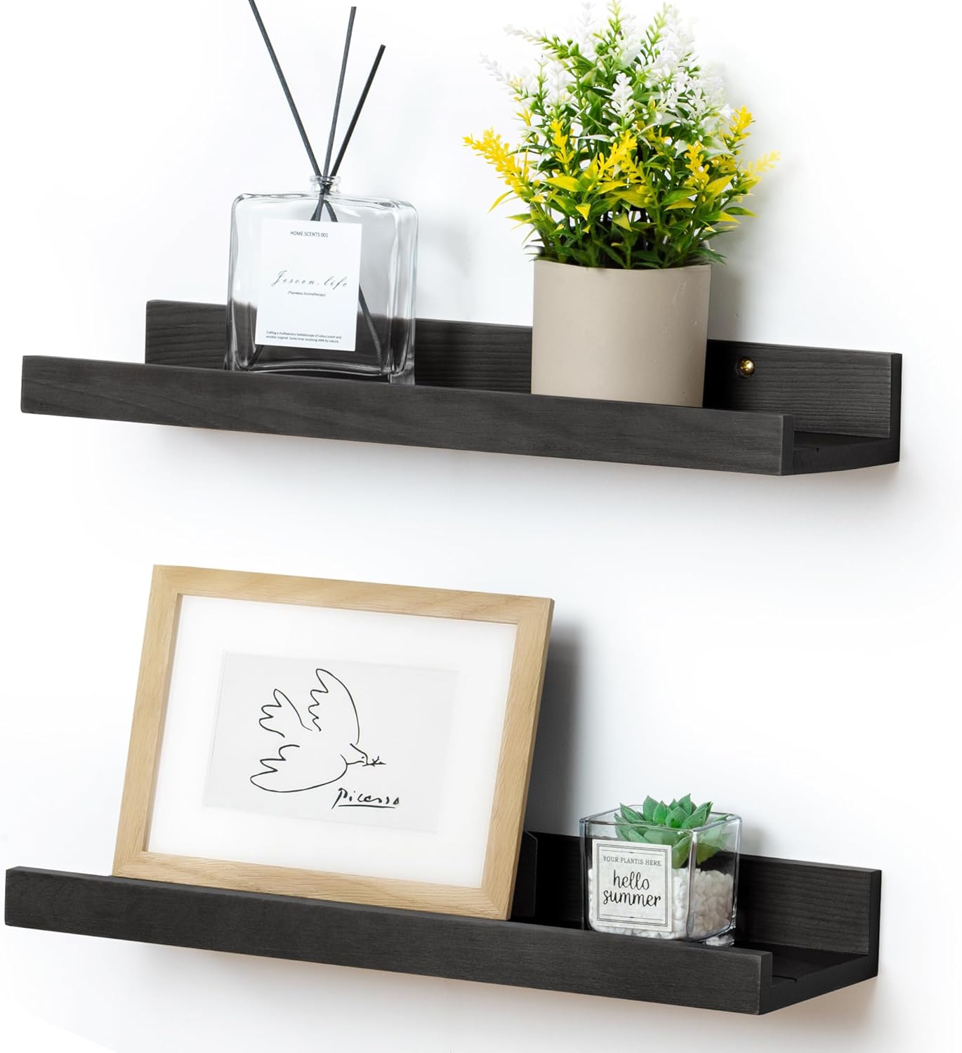 Picture Ledge Shelf for Wall, 16 inch Solid Pine Wood Nursery Book Shelves 2 Packs, Floating Ledge Shelves for Kids' Room Bedroom Bathroom Living Room Photo Frames Office Nursey Wall Decor, Black