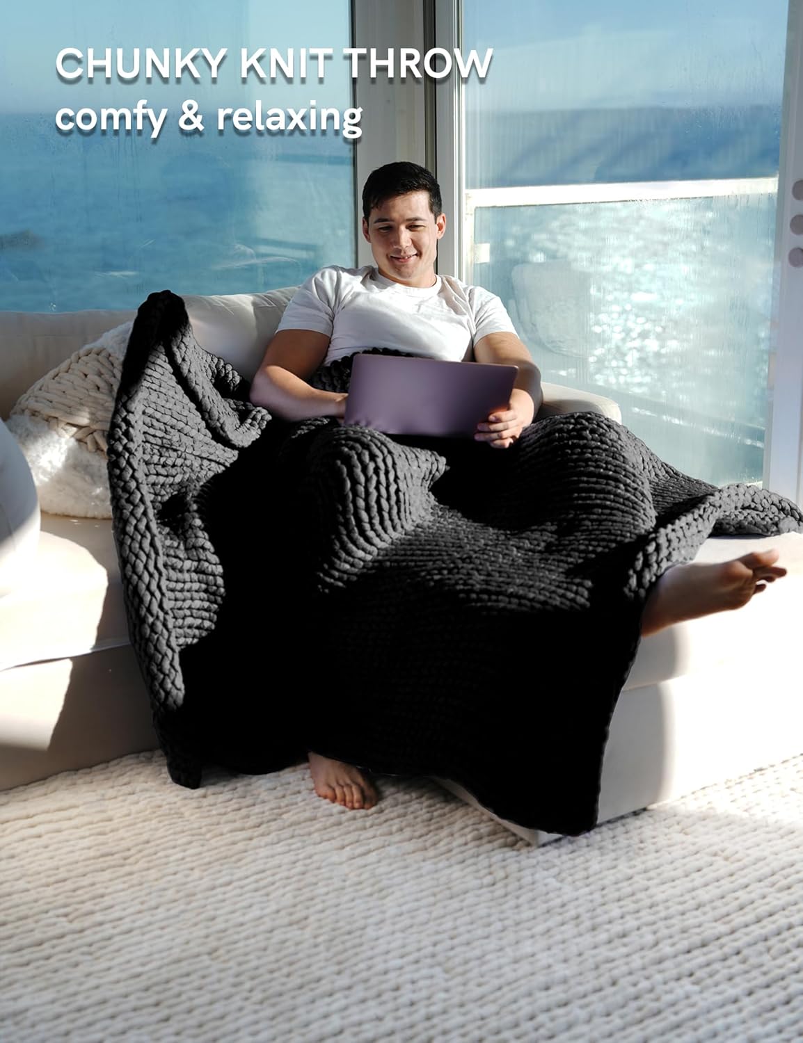 YnM Chunky Throw Blanket, Medium-Weight, Hand Knitted, Skin Friendly, Ventilated and Breathable, Machine Washable, Home Décor Piece for Couch, Sofa and Bed (Black, 50x70 Inch)