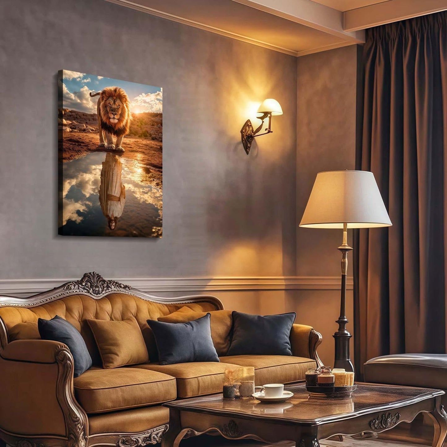 Framed Canvas Wall Painting Lion and Jesus Reflection Religious Poster Inspirational Faith Gallery Picture Print for Living Room and Bedroom Decor 12x16 Inch Ready to Hang
