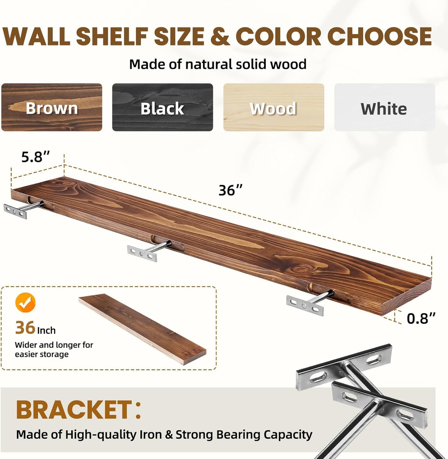 Floating Wall Shelves 2-Pack - 36-Inch Rustic Brown Wooden Shelves for Storage and Décor, Easy Installation for Living Room, Bedroom, and Kitchen