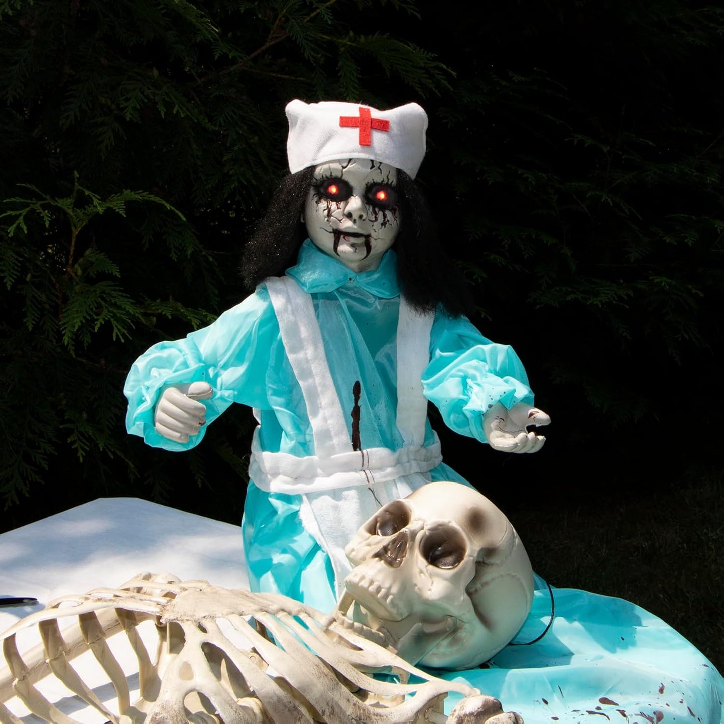 Haunted Hill Farm 1.8 ft. Groundbreaker Zombie Nurse Animatronic with Flashing Red Eyes and Poseable Arms, Creepy Halloween Decoration with Sound Effects, Battery Operated Prop