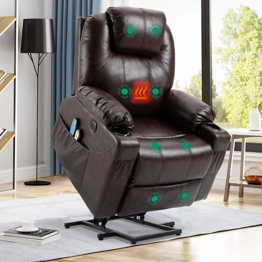 VIVIJASON Power Lift Chair Electric Recliner for Elderly Heated Vibration Massage Faux Leather Recliner Chair with 2 Remote Controls, Cup Holders, Side Pockets & USB Ports for Living Room (Brown)