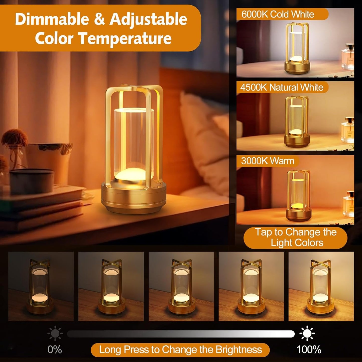 Portable Table Lamp for Outdoor Indoor: Cordless Rechargeable Desk Lamp with 3 Color Stepless Dimmable - Metal Battery Operated Small Lantern Light for Restaurant/Bedroom/Bar/Coffee Shop/Camping