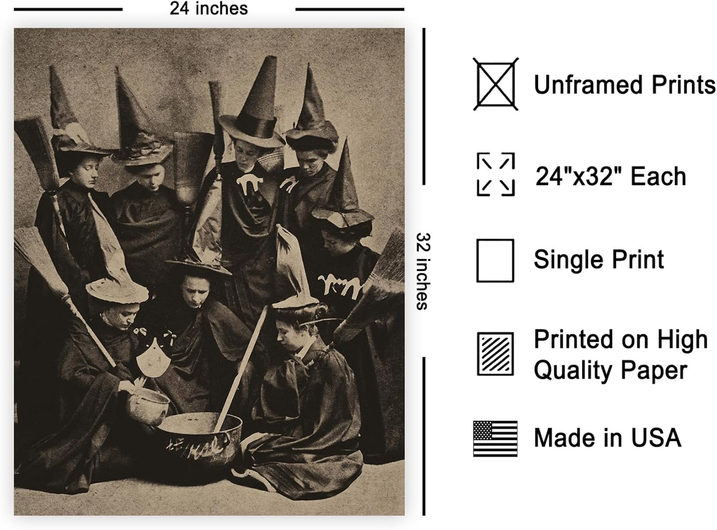 Poster Master Vintage Photograph Poster - Retro Halloween Print - Gift for Artist, Friend - Witches Cooking, Pointy Hats, Broomsticks, Black Magic - Wall Decor for Bedroom, 24x32 Unframed Wall Art