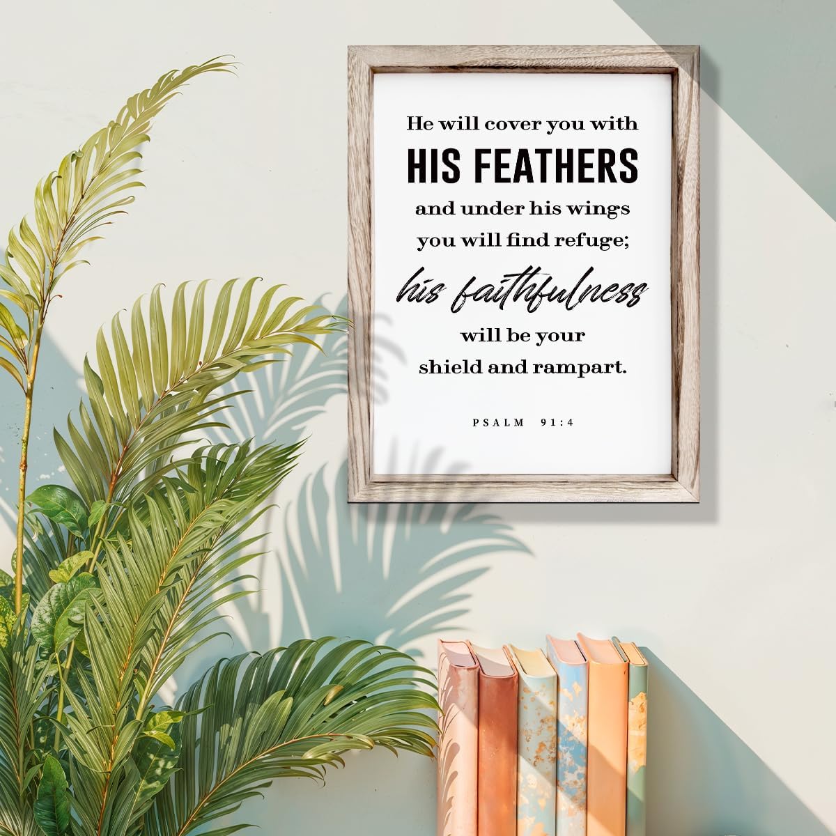 Christian Decor Signs, Framed Wall Plaque Sign 15 * 11.5 inches, Religious Home Decor, Inspirational Christian Gift for Him, He will Cover You with His Feathers Sign
