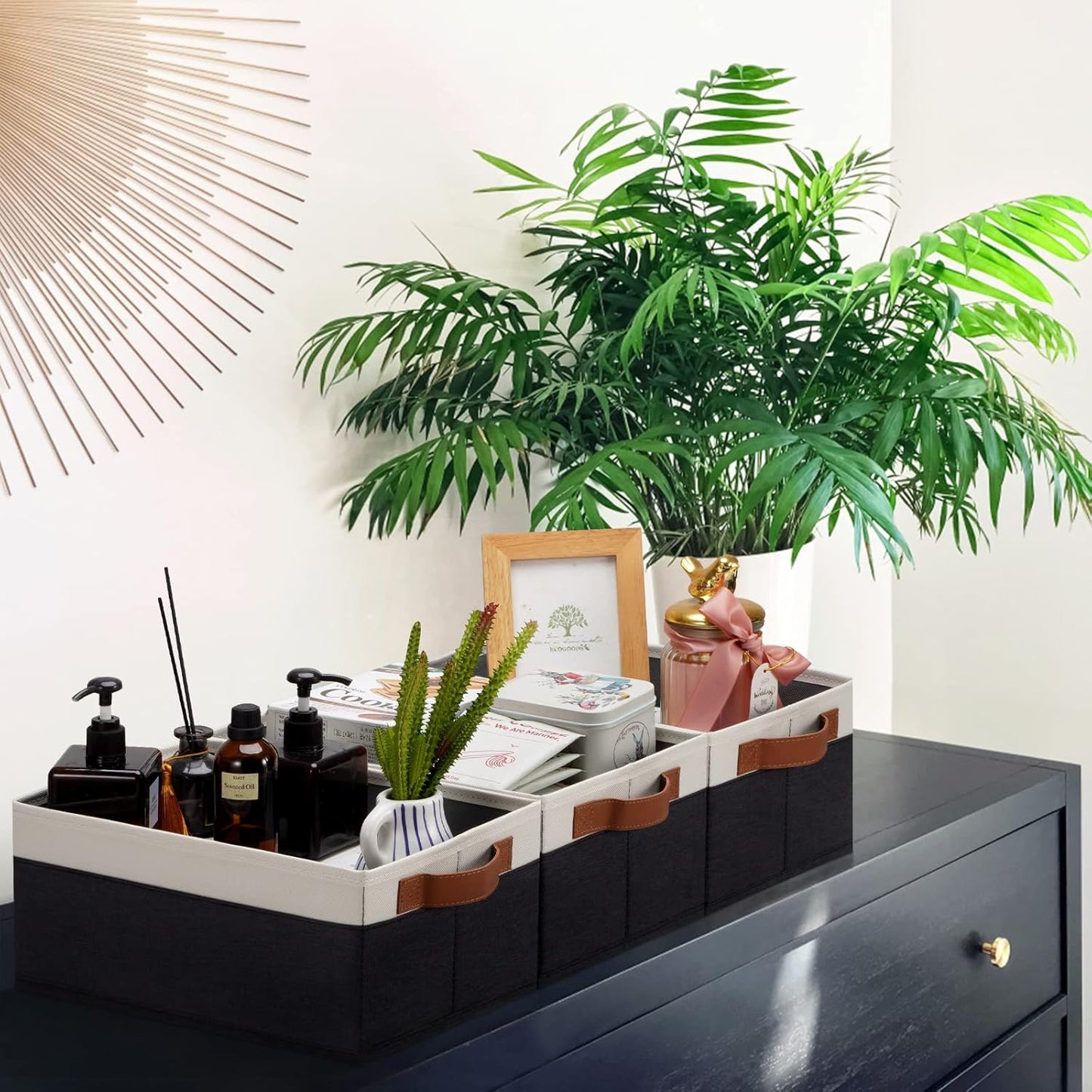 GhvyenntteS Storage Baskets for Shelves 12 Pack, Fabric Storage Bins with Leather Handles, Foldable Rectangular Storage Baskets for Organizing Home, Office (Black/White, 11.8" x 7.87" x 5.11")