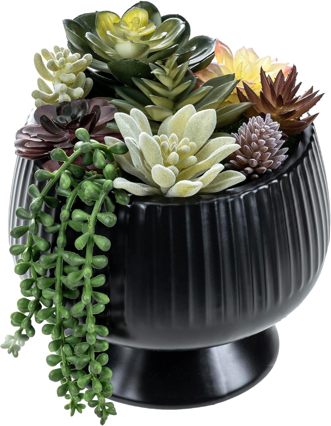 MyGift 8 Inch Modern Green Artificial Succulent Arrangement Potted in Matte Black Fluted Ceramic Round Planter, Decorative Plant Pot with Assorted Faux Mini Succulents