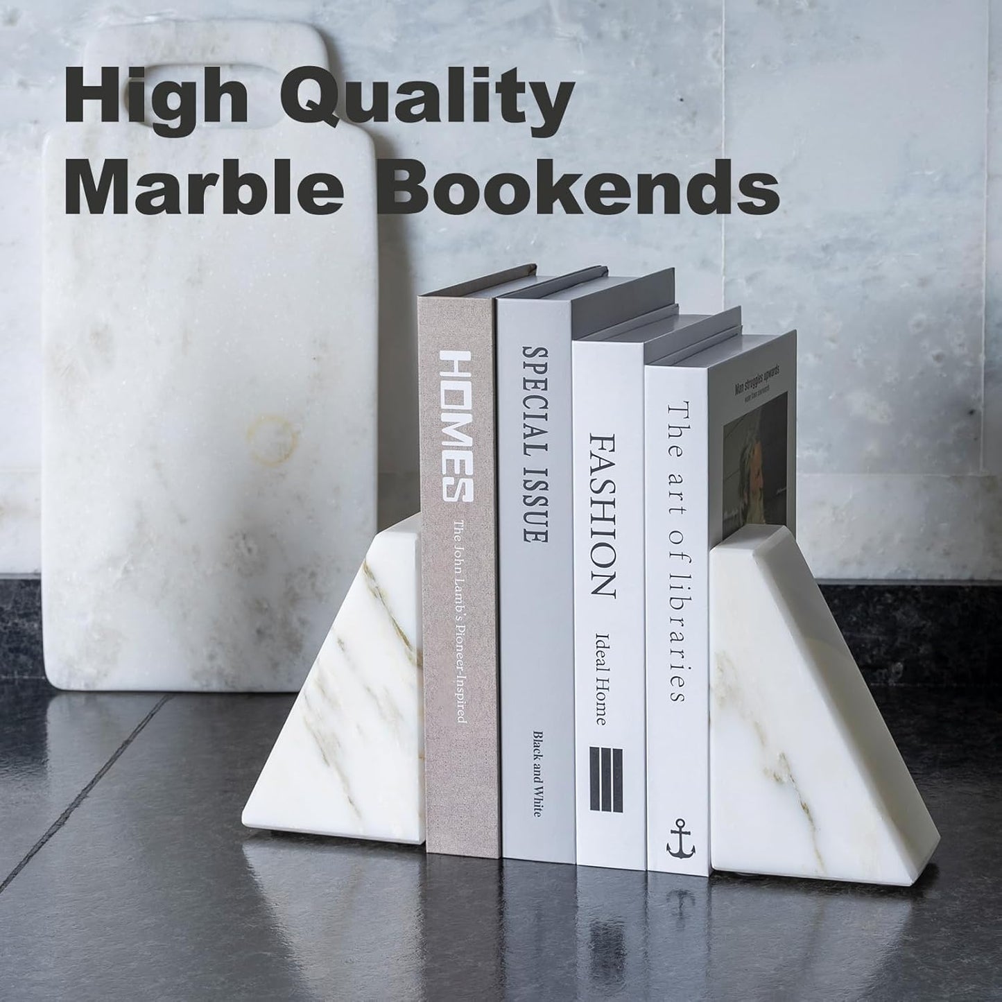 Marble Book Ends White, Heavy Duty Book Ends for Shelves, Decorative Natural Book Stopper，Unique Decorative Bookend for Home Shelves Calacatta Natural Marble Bookend, Set of 2