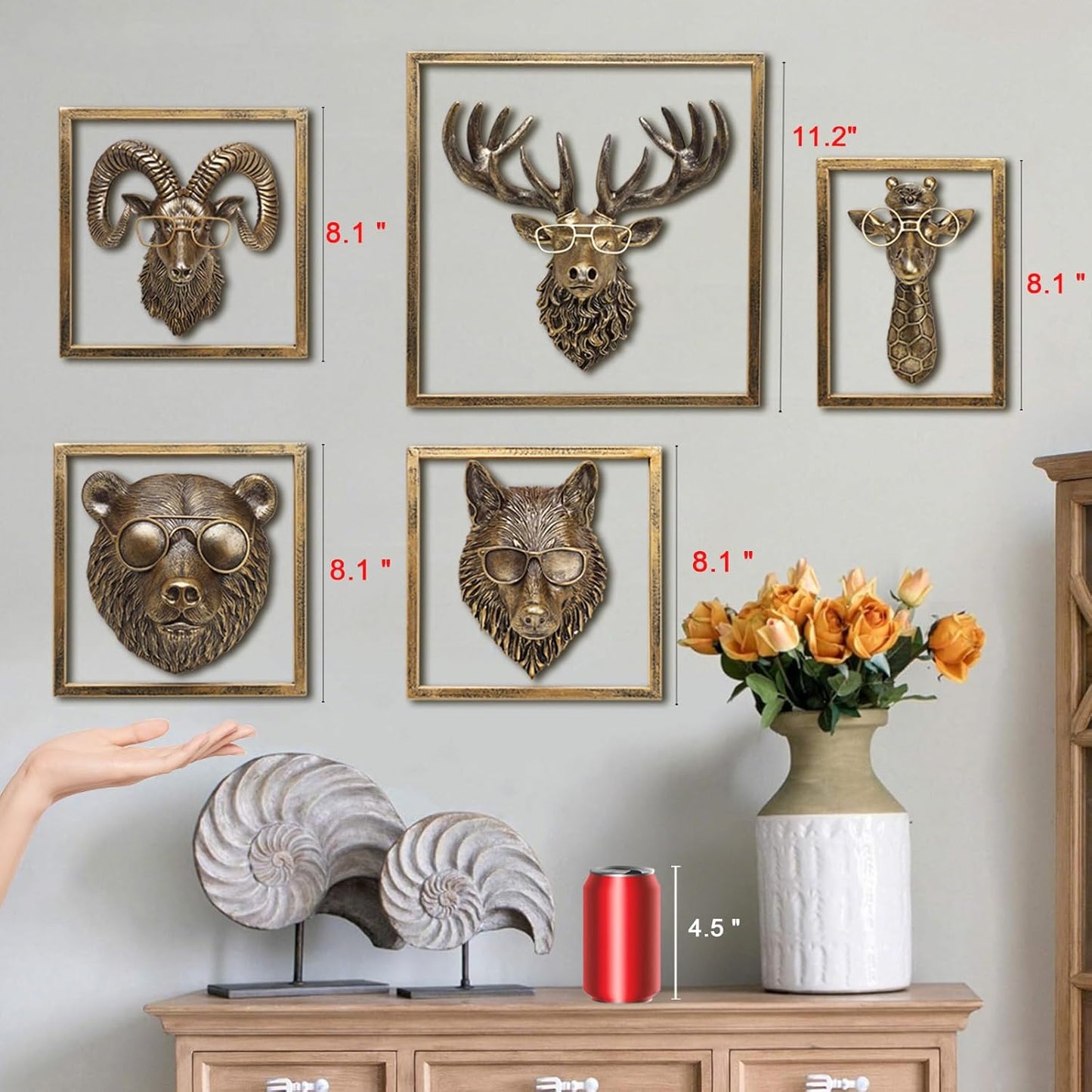 JJALIGHTS Animal Heads Wall Decor Resin Animals Sculptures Head Wall Hanging Decoration Imitation Copper vintage Wall Sculpture for Living Room Bedroom Office(Bighorn,Includes Metal Frame)