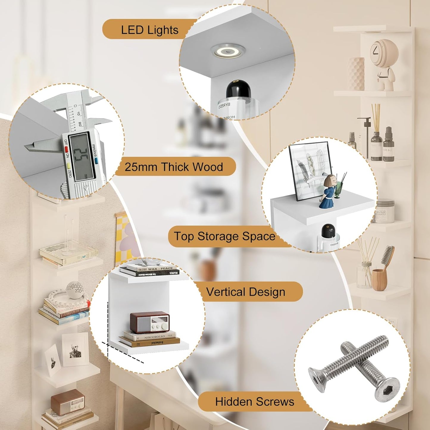 Versatile 7 Tier Shelf Unit 6.4Ft Lack Wall Shelf Unit with LED Floating Wall Shelf Unit Wall Mount Vertical Shelving for Storage Space Saving Organizer for Bedroom Living Room Office Display Decor