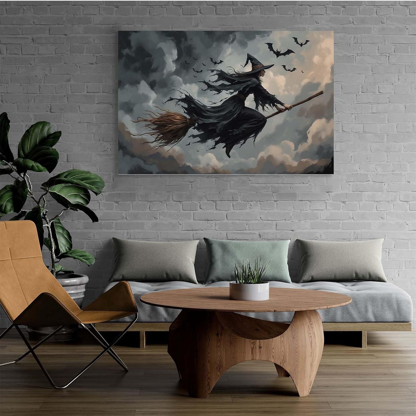 Witch and bat flying Halloween poster suitable for home party wall decoration retro Halloween preppy style wall art canvas print suitable for room decoration16x24in Wood Framed