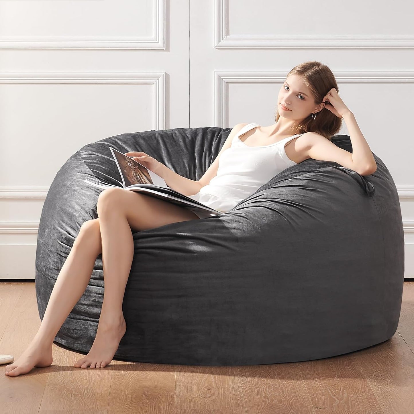 Bean Bag Chairs for Adults - Memory Foam Furniture BeanBag Chair - Kids/Teens Sofa with Soft Micro Fiber Cover - Round Fluffy Couch for Living Room Bedroom College Dorm - 4 ft, Gray Stripe