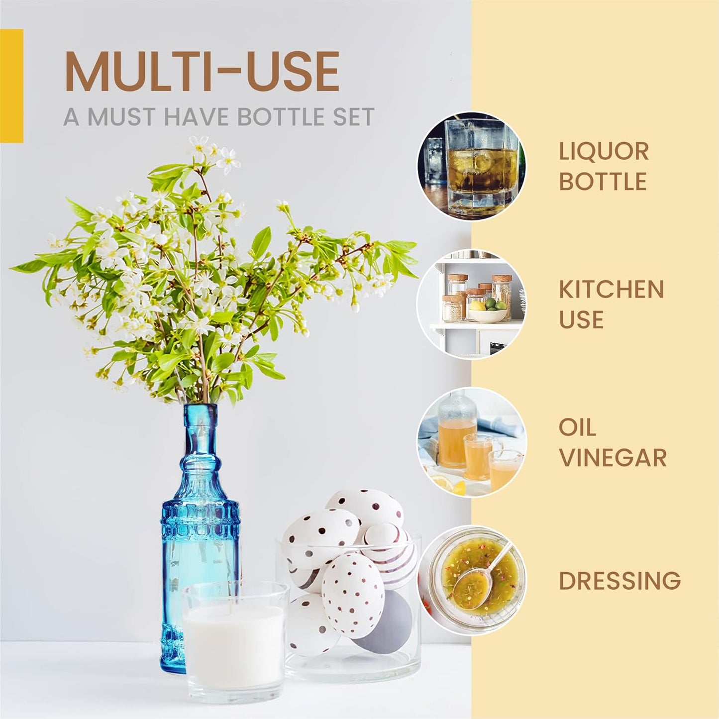 Assorted Blue Glass Bottles with Corks, 6 Pack, 2.5in X 9in, 16oz