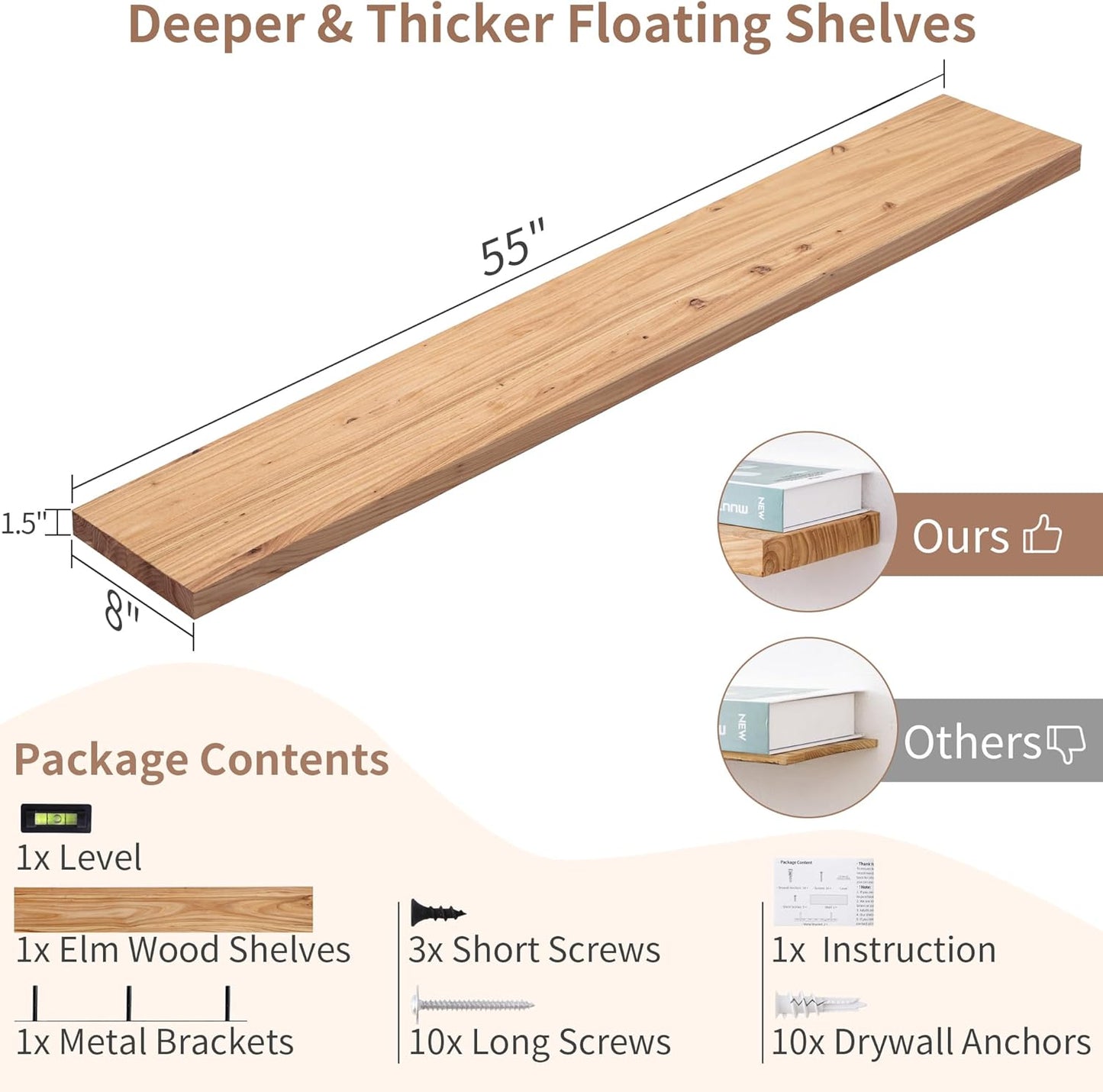 Axeman Floating Shelves for Wall, Rustic Elm Wood 56''W x 8" D Wall Shelf with Invisible Bracket, Large Long Wall Mounted Storage Shelves for Living Room, Bedroom, Kitchen, Bathroom Decor, Natural