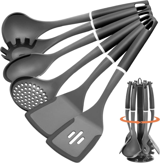 Kitchen Cooking Utensils Set, Non-Stick Spatula Set with Rotating Stand, 6 PCS Silicone Utensils Set for Cooking, 400°F Heat Resistant, Kitchen Gadgets with Nylon Handle & Stable Holder, Dark Grey