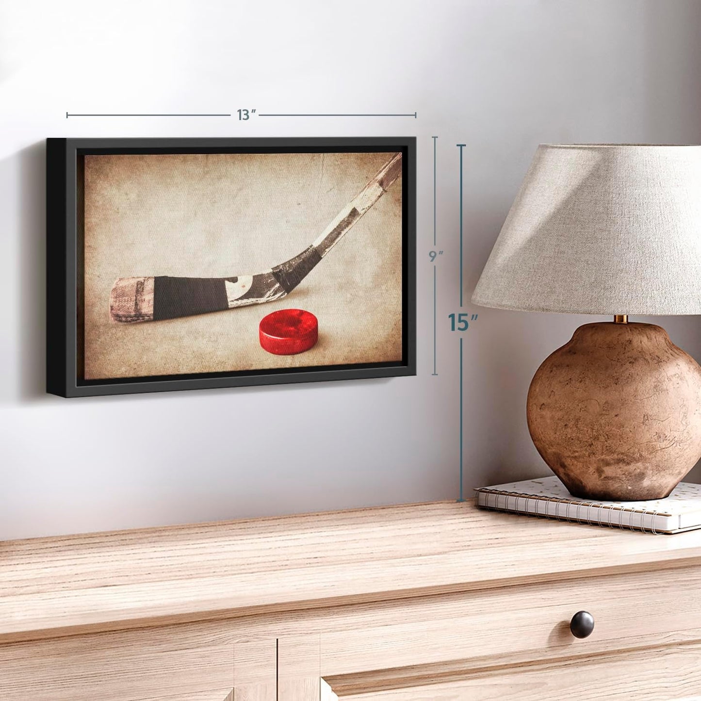 Elephant Stock Vintage Ice Hockey Wall Art - Horizontal Framed Canvas - 1-Piece Hallway Wall Decor - Photography Sports Canvas Print - Brown and Beige Decor for Wall - 13" X 9"