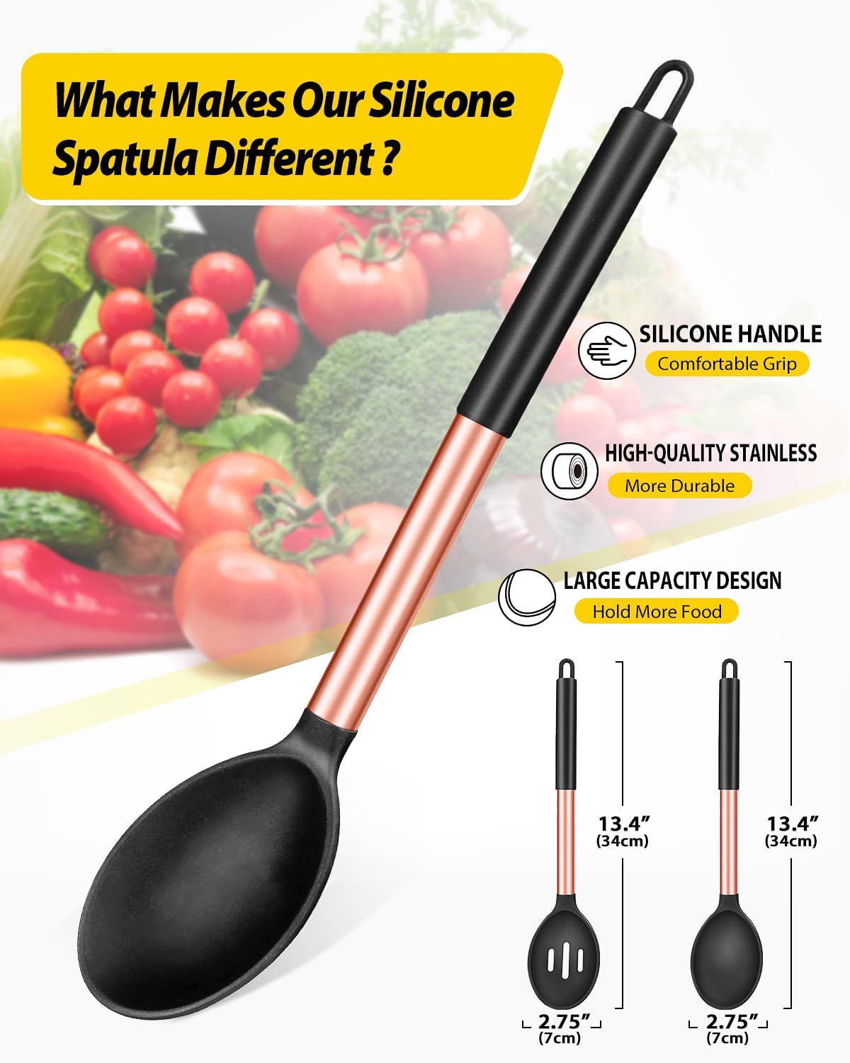 Pack of 2 Large Silicone Cooking Spoons,Non Stick Solid Basting Spoon,Heat-Resistant Kitchen Utensils for Mixing,Serving,Draining,Stirring (ROSE GOLD BLACK)