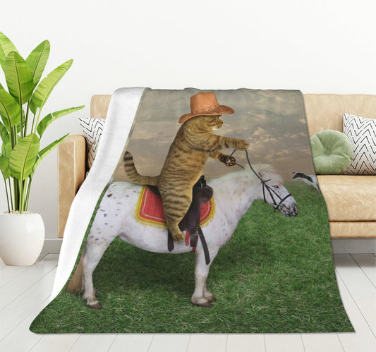 HGOD DESIGNS Funny Cat Throw Blanket Ultra Soft Warm All Season The Cat Cowboy on a Horse Decorative Fleece Blankets for Bed Chair Car Sofa Couch Bedroom 50"X60"