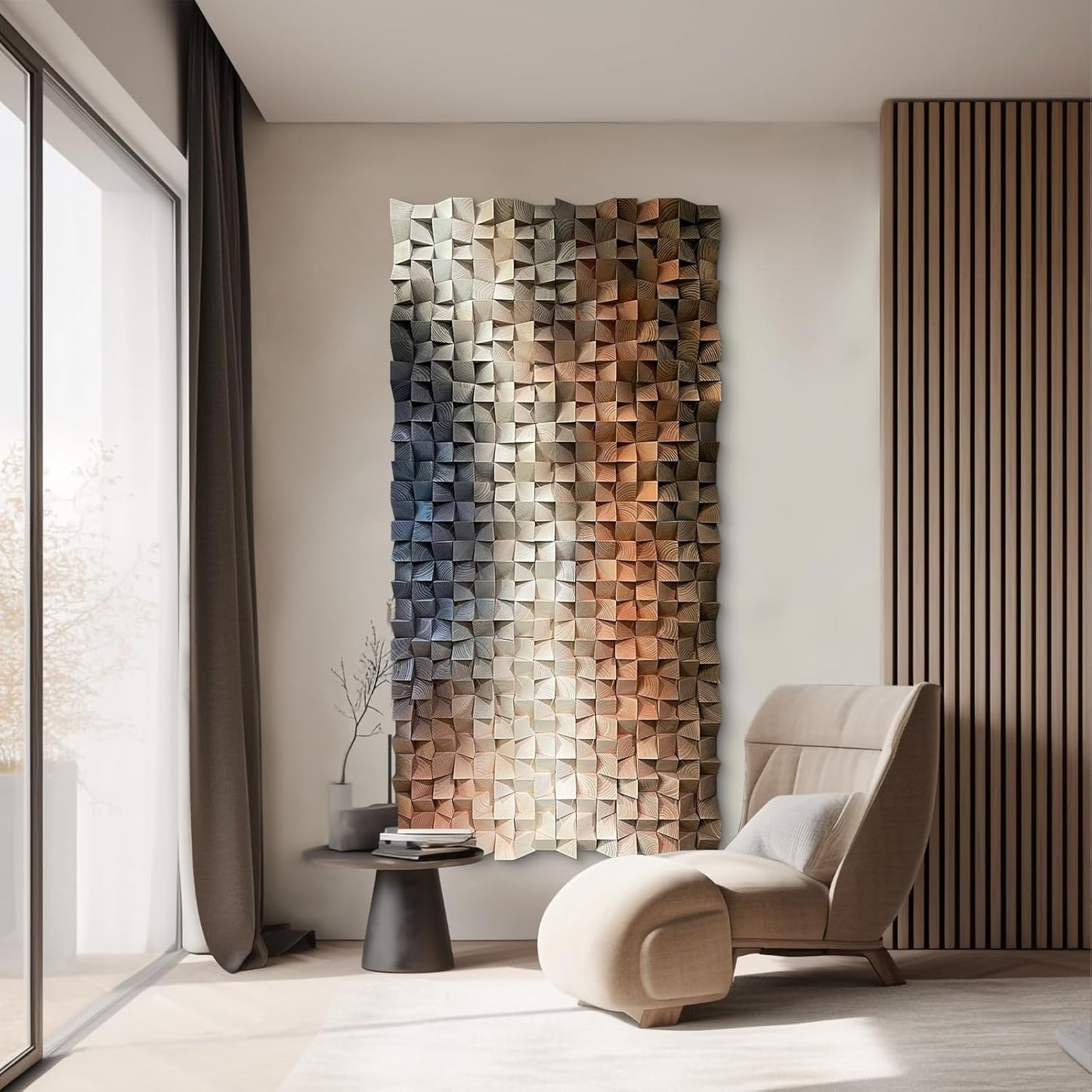 LIUZEYUE - 3D Wood Wall Art Decor Hand Crafted Wooden Blocks | Geometric Sculpture Art Modern Home Office Wall Art Easy Installation 23.6"x47.2"