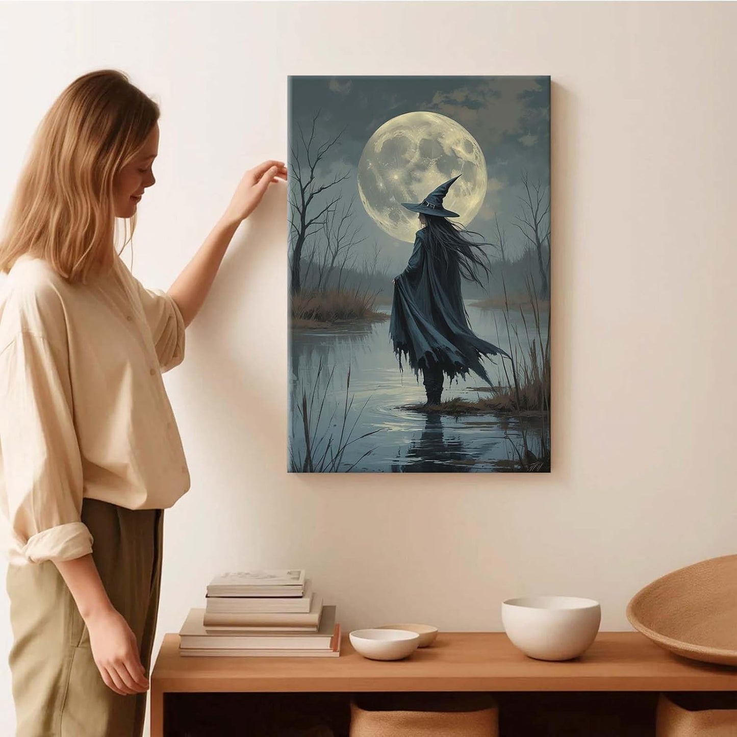JFHCQJPK Witch in the moonlight magic canvas wall art enchanting Halloween home decor swamp witch silhouette oil painting mysterious gothic aesthetic wall decor print poster28x40in Frameless