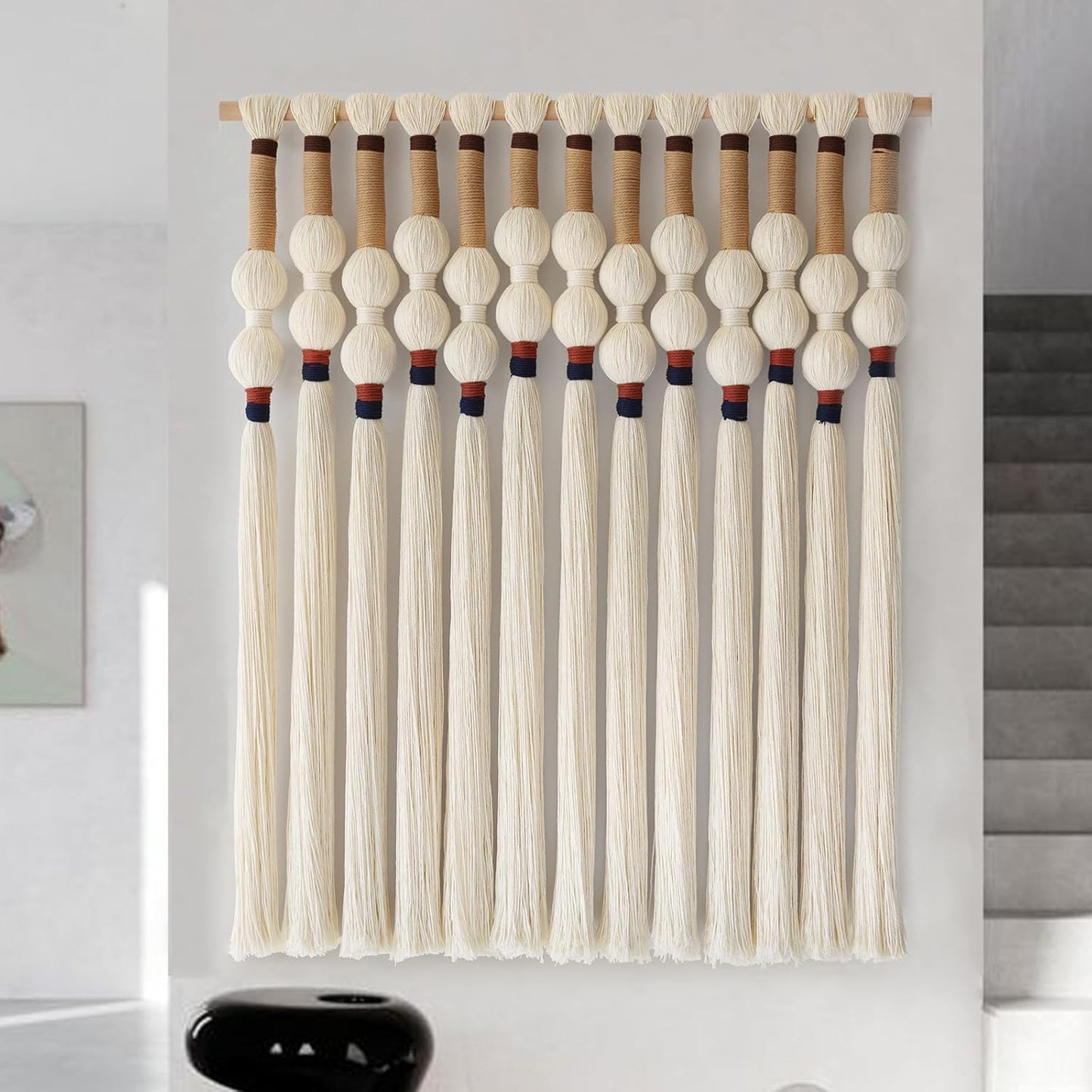 Macrame Wall Hanging Boho Wall Art Handmade Spherical Knot Design with Tassel Fringe, Boho Decor for Bedroom Living Room, for Home Decoration 27" W x 33" L