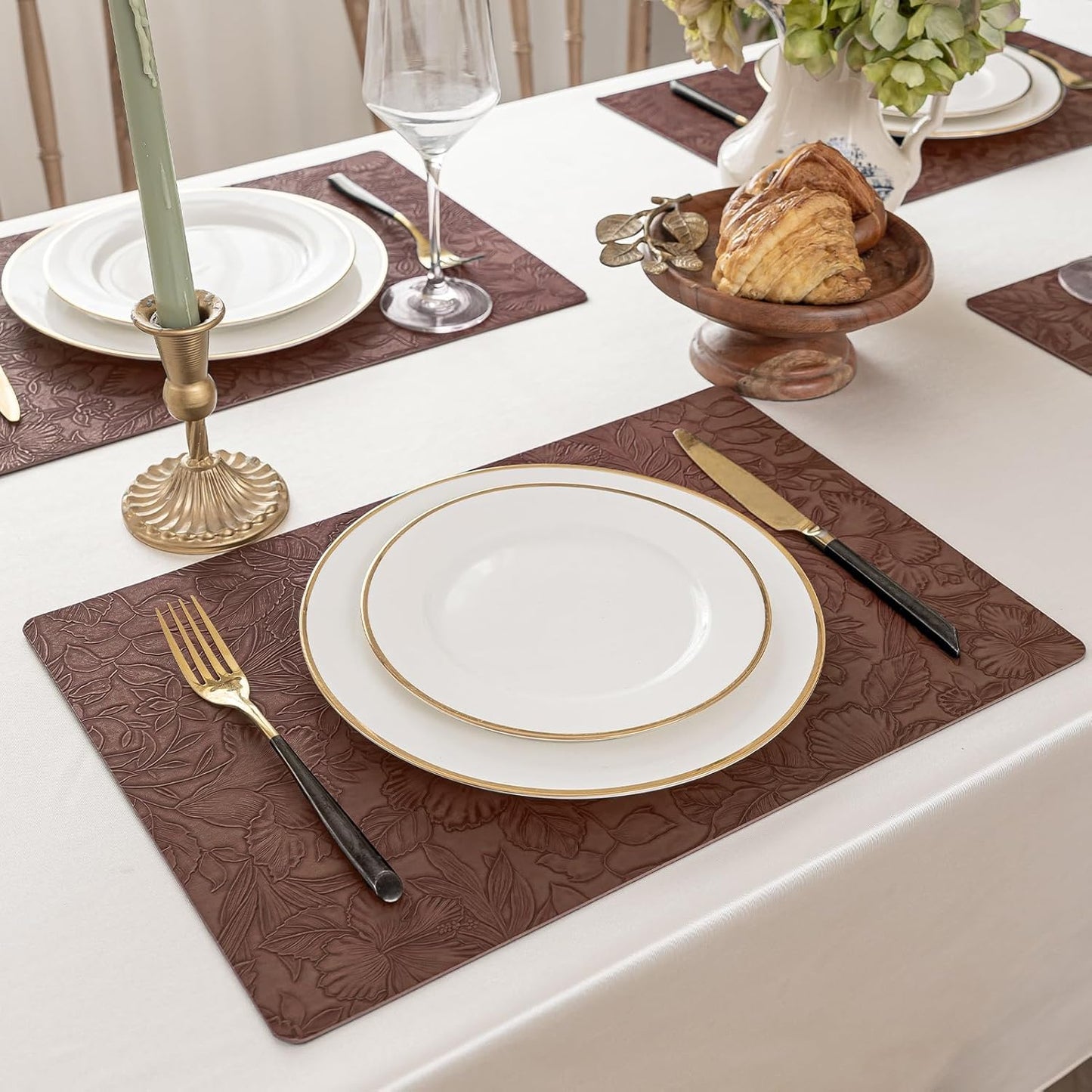 Romanstile Vinyl Placemats Set of 4-12 X 18 Inch - Heat Resistant Non-Slip Embossed Floral Place Mats 100% Waterproof Oilproof Wipeable Faux Leather Table Mats for Kitchen/Dining/Party, Brown