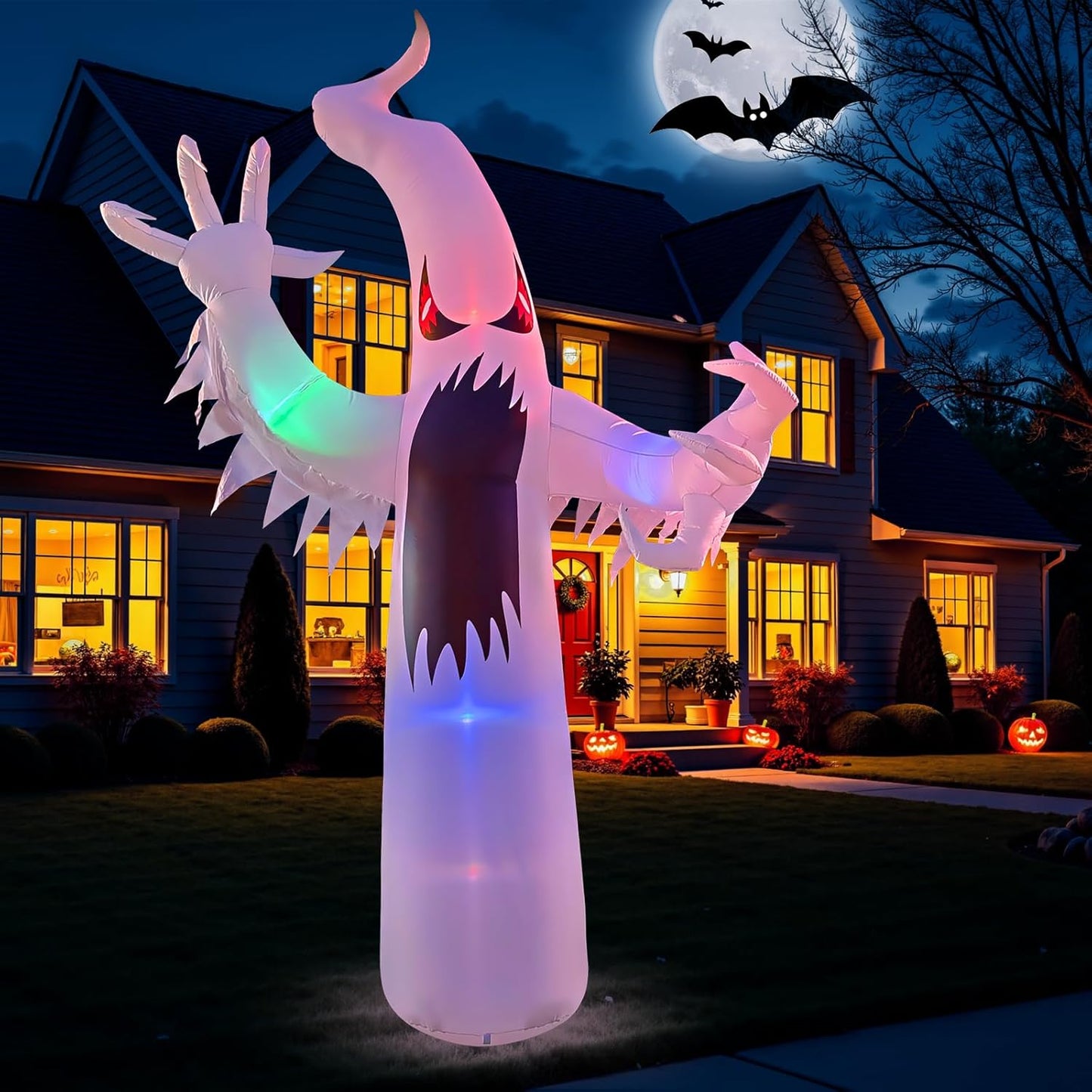 12FT Halloween Inflatables Giant White Ghost, Halloween Inflatable Outdoor Decoration, LED Colored Lights, Scary Red Eyes, Devil Claws, for Indoor and Outdoor Halloween Blow Ups Party Decorations