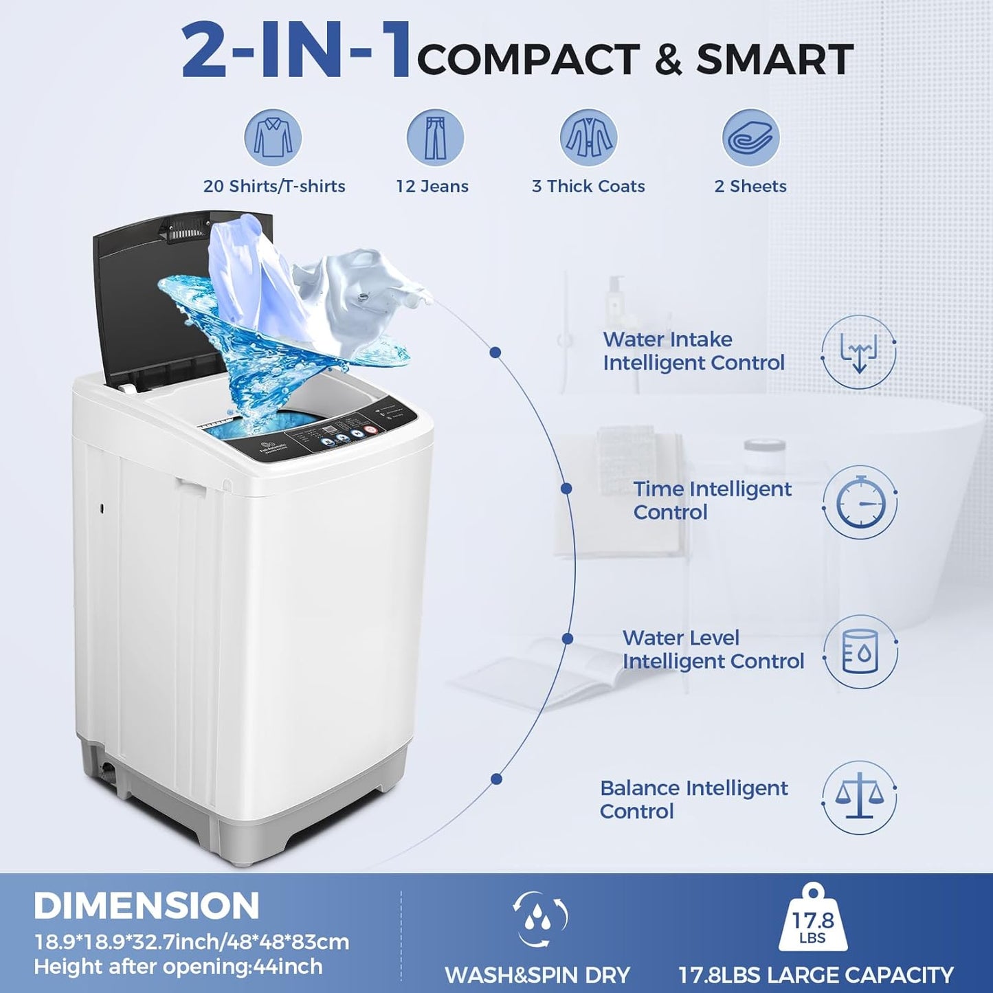 17.8Lbs Portable Washing Machine Nictemaw Portable Washer, 2.3 Cu.ft Washer and Dryer Combo with Drain Pump, 10 Programs 8 Water Level Compact Laundry Washer for Home, Apartment, RV, Dorms