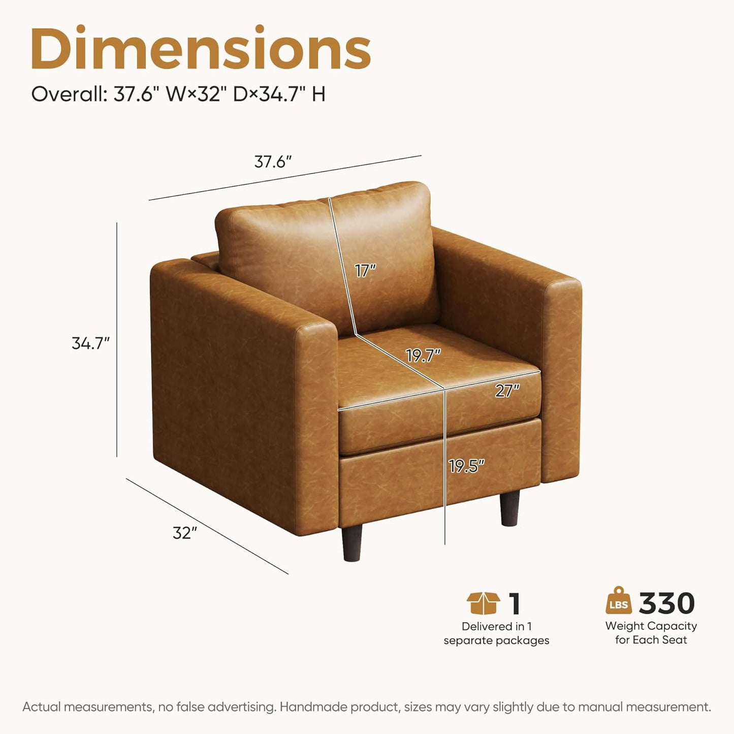 Faux Leather Oversized Accent Chair with Storage Deep Seat Single Sofa Large Reading Armchair for Living Room Bedroom Office Brown Set of 2