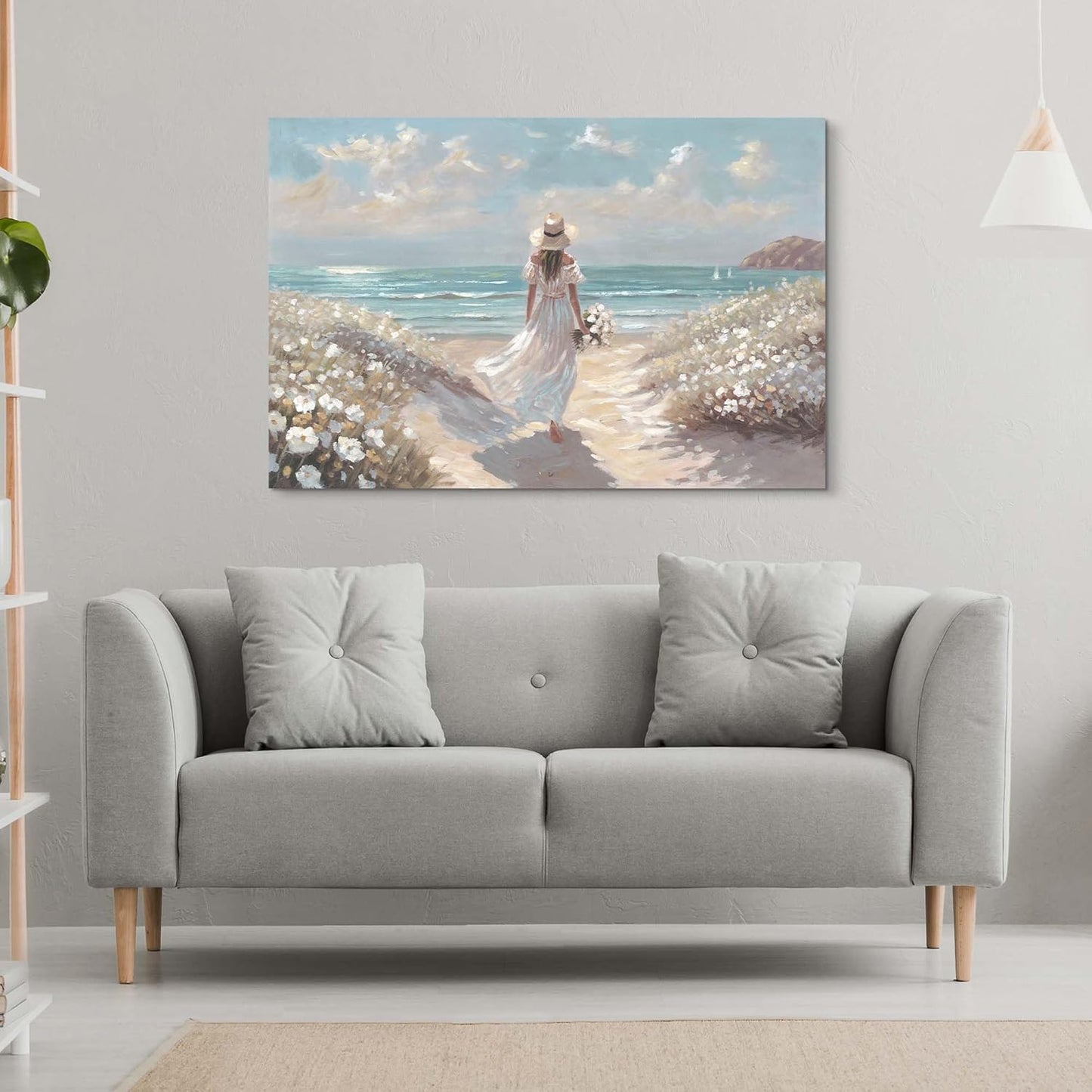 cozy country Beach Wall Art 45"x30" - Coastal Pictures Ocean Canvas Decor - Nautical Artwork Seascape Hand Painting for Girls Room, Bedroom, Sea House