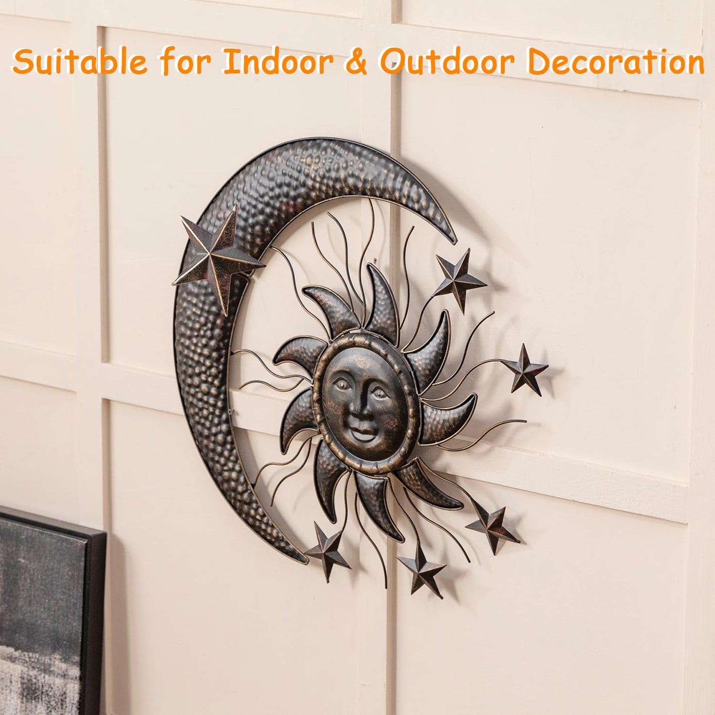 TICKCACY 27” Metal Sun Wall Decor, Vintage Sun Moon Stars Wall Hanging Decoration, Moon and Stars Wall Art Sculpture for Indoor Outdoor Living Room Bedroom Garden Yard Patio Fence