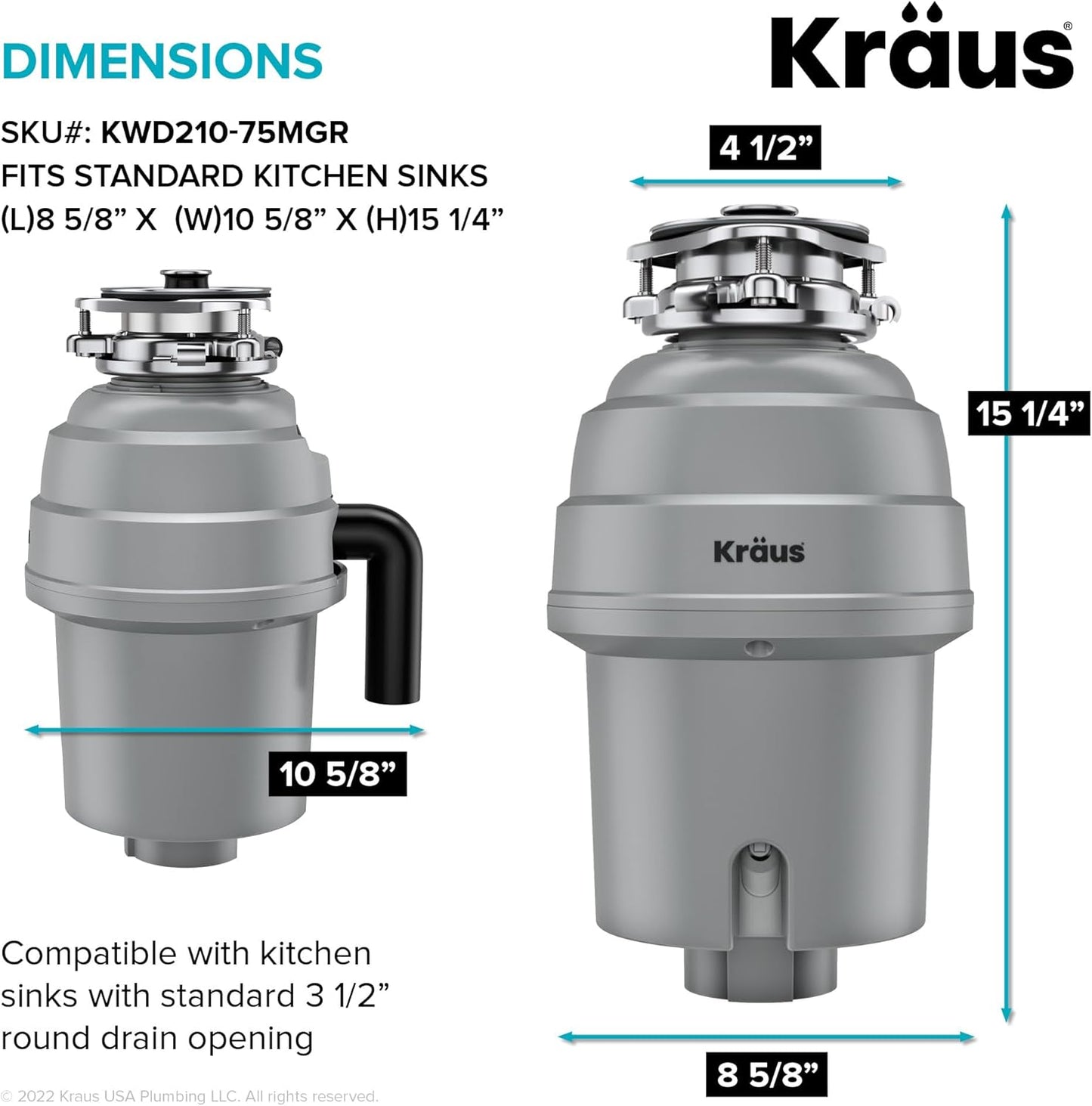 KRAUS WasteGuard High-Speed 3/4 HP Continuous Feed Ultra-Quiet Motor Garbage Disposal with Power Cord and Flange Included and Universal Mount, KWD210-75MGR