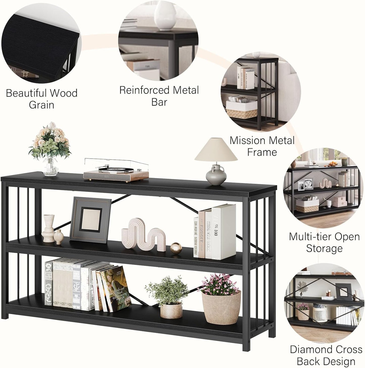 LVB Black Entryway Table, Modern Narrow Console for Hallway, Industrial Farmhouse Foyer Table with Storage Shelves, 63 Inch