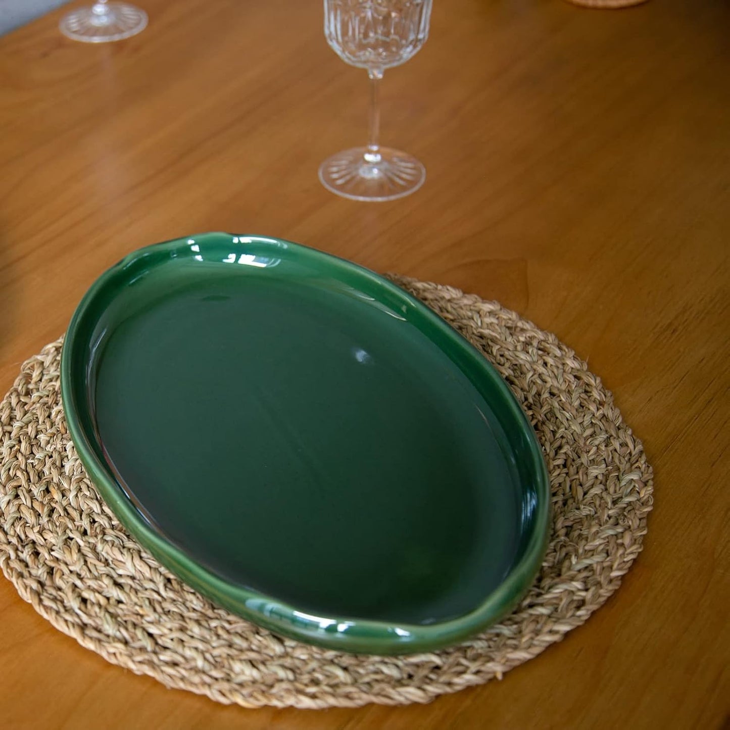 vicrays Ceramic Serving Platter Tray - Extra Large Oval 14.5 Inch Porcelain Dinner Plates Long Serving Dish Set - for Party Restaurant Food Meat Sushi Fish Turkey Platter - Green