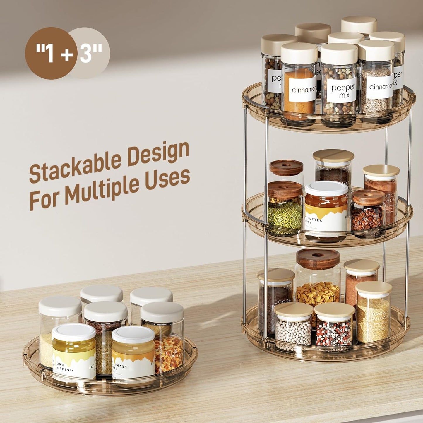 LAMU 2 Pack 2 Tier Lazy Susan Turntable Organizer 9.25'' Rotating Spice Rack Organization for Cabinet, Kitchen, Pantry, Countertop, Bathroom, Vanity, Medicine Cabinet Organizer, Amber