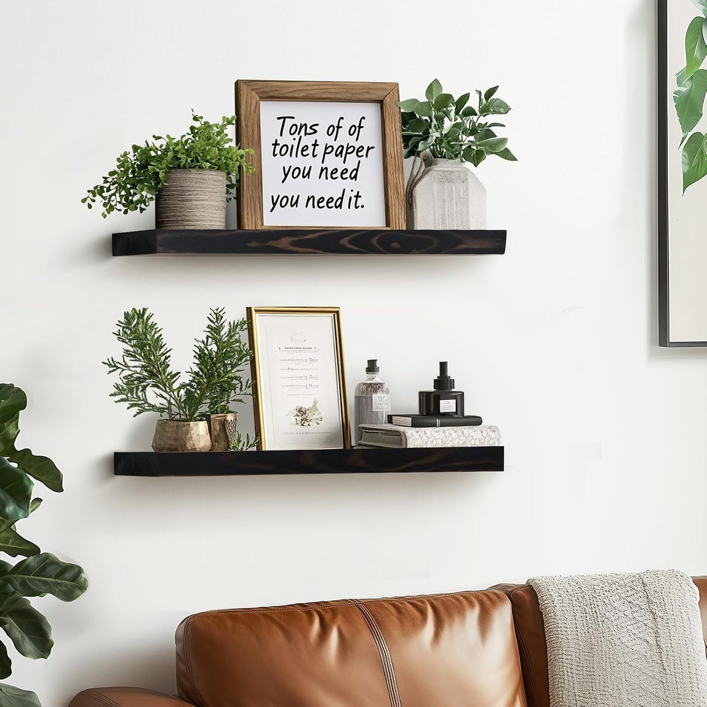 Floating Wall Shelves - 16"x6.8"x1.2" Sturdy Rustic Black Solid Wood Shelves for Storage and Décor, Easy Installation for Living Room, Bedroom, and Kitchen - 2 Pack