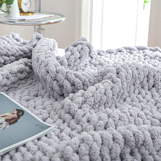 Bigacogo Chunky Knit Throw Blanket for Couch, 40x60 inches, 100% Hand Knitted with Thick Jumbo Chenille Yarn, Cozy Soft Large Rope Knot Cable Crochet Blankets for Sofa Bed Living Room, Light Grey