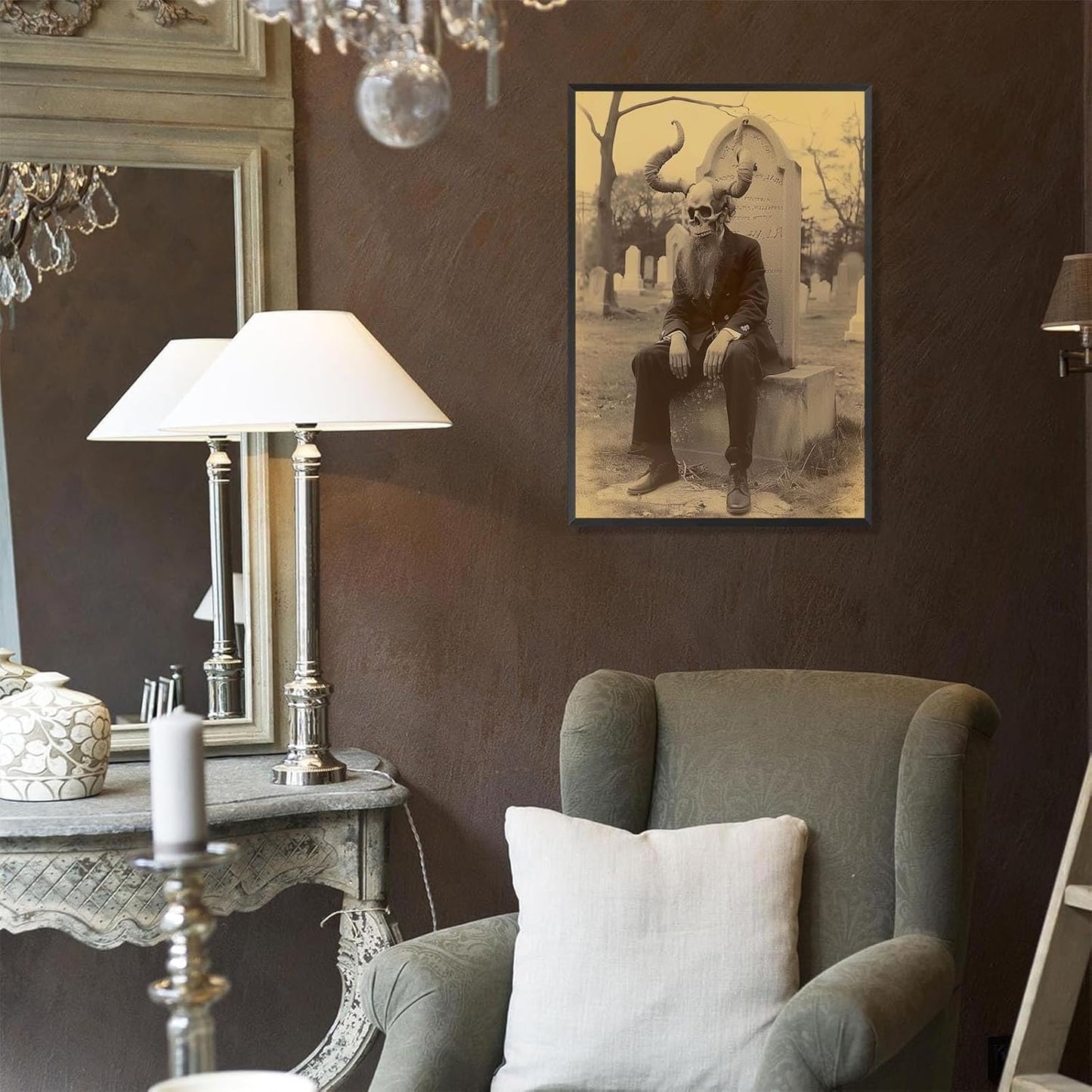 Skeleton Halloween Forest Occult Poster Vintage Spooky Canvas Wall Art Gothic Room Decor Dark Academia Bedroom Decorations Creepy Skull Prints Picture Aesthetic 24X36inch Aluminum Framed