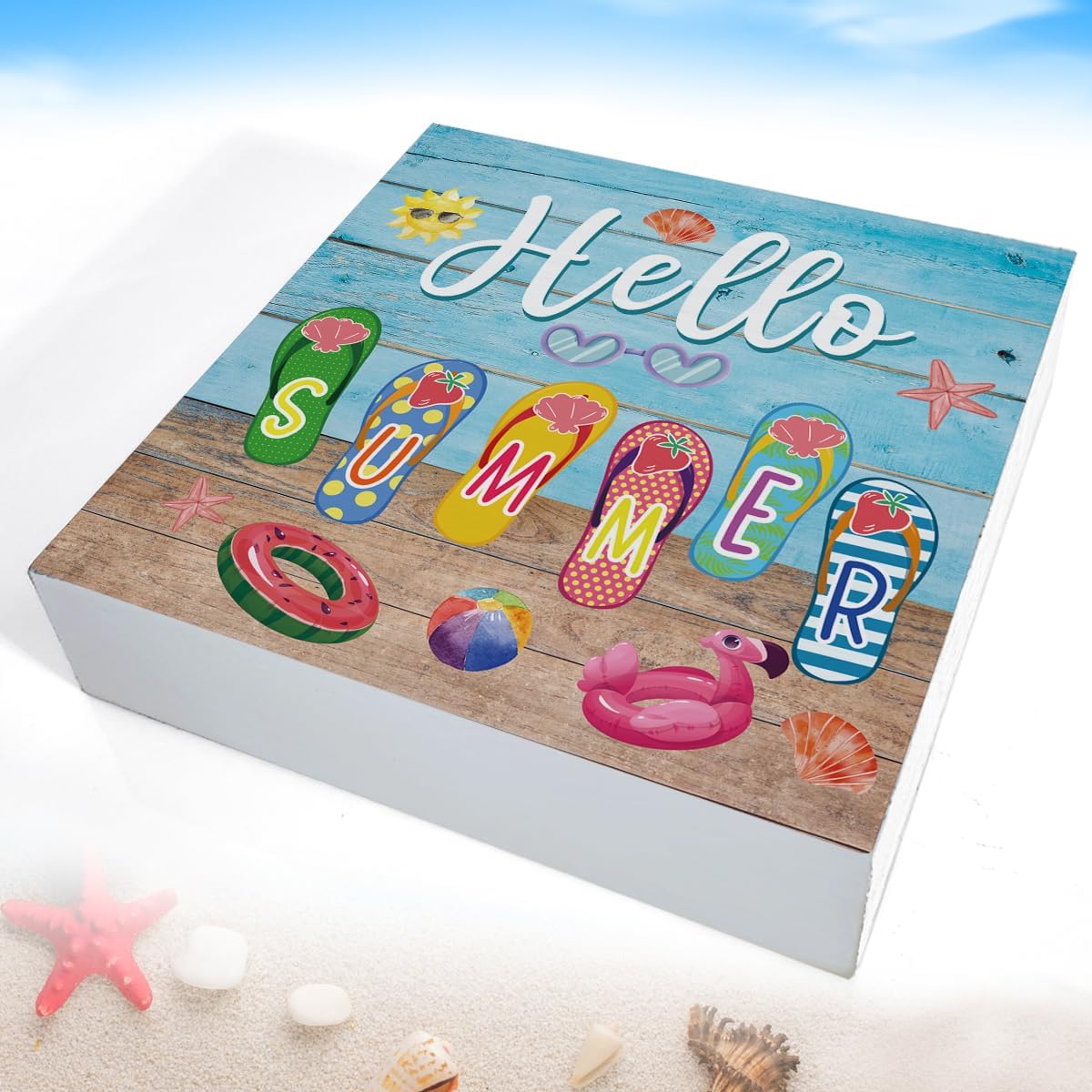 Summer Decor Hello Summer Decorations Flip Flop Wooden Sign Rustic Home Decor 5 x 5 Inches