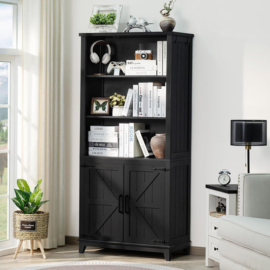 70in Tall Bookshelf 5 Tier Bookcase with Barn Doors and Adjustable Shelves, Black Farmhouse Book Shelf with Storage Cabinet, Wood Freestanding Display Bookshelves for Bedroom, Living Room