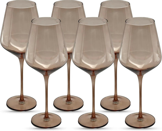 Saludi Original Smokey Sand Wine Glasses, 16.5oz (Set of 6) Stemmed Single Color Smoky Amber Brown Neutral Glass - Great for All Wine Types and Occasions or Gifts - Luxury, Durable, Hand-Blown