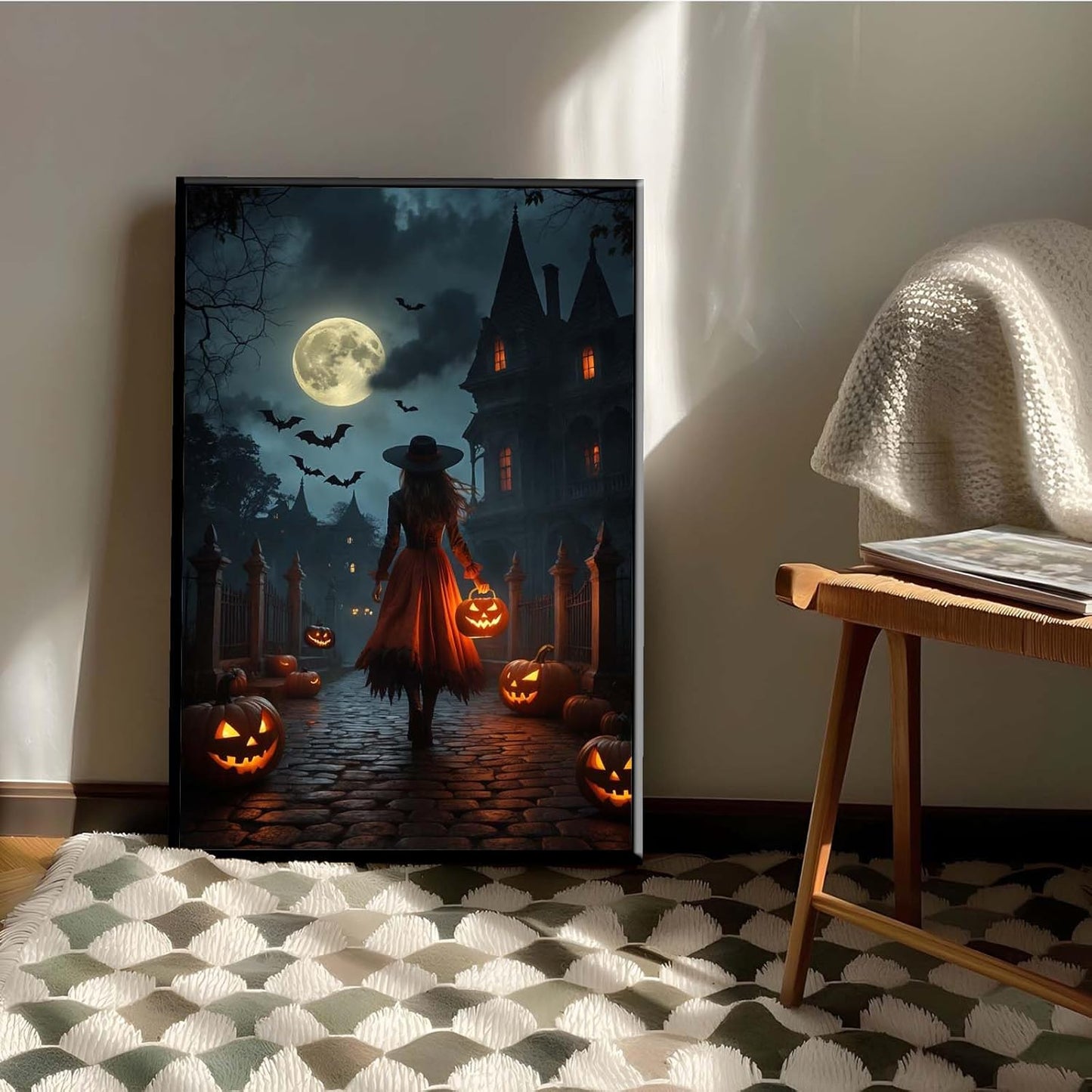 JFHCQJPK Halloween theme poster moonlit autumn night witch vintage poster art print dark college style gothic painting canvas wall decoration bedroom living room ideal gift20x30in Metal blackFramed