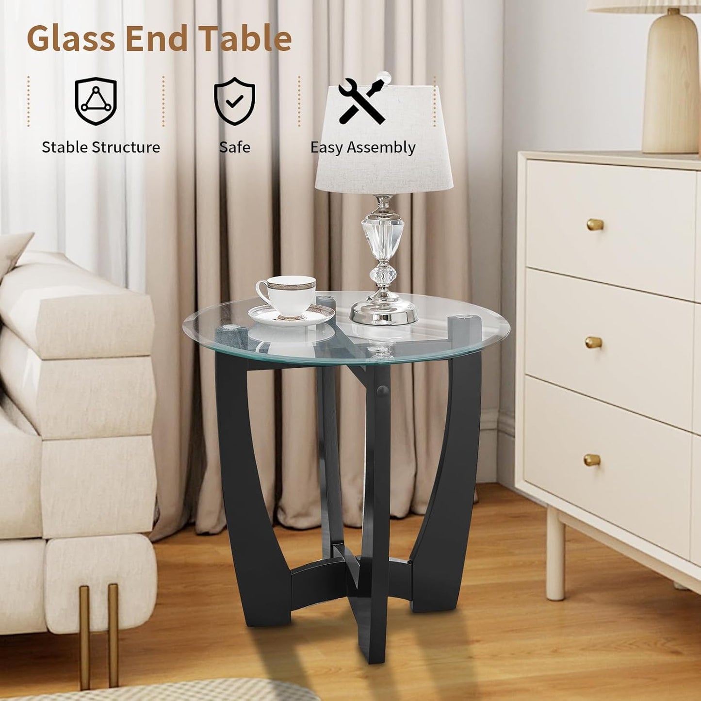 Glass End Table, 23.5" Round Side Tables with Tempered Glass Top Cross and Solid Wood Base Small Night Stand for Living Room Office Apartment Black