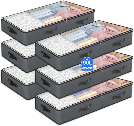 6 Pack Under Bed Storage Containers, 90L Collapsible Closet Organizers and Storage Bins, Underbed Storage Bags for Wrapping Paper, Blanket, Towels, Clothes, Comforter, Sweaters, Linen Sheets